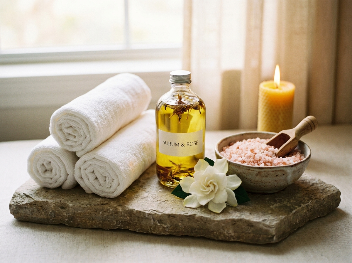 Serviettes roulées, huile Aurum & Rose, sels de bain et bougie sur pierre naturelle